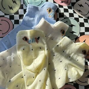 New Set Of 3 Cute Dachshund Dog Socks - Blue, White & Yellow